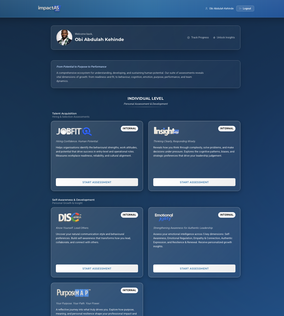 Impact AS Plus Dashboard showing unified view of all assessments and insights