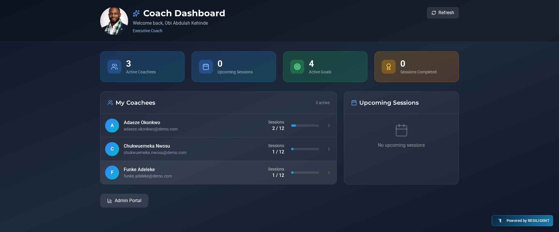 Coach Dashboard showing active coachees, sessions, and goals